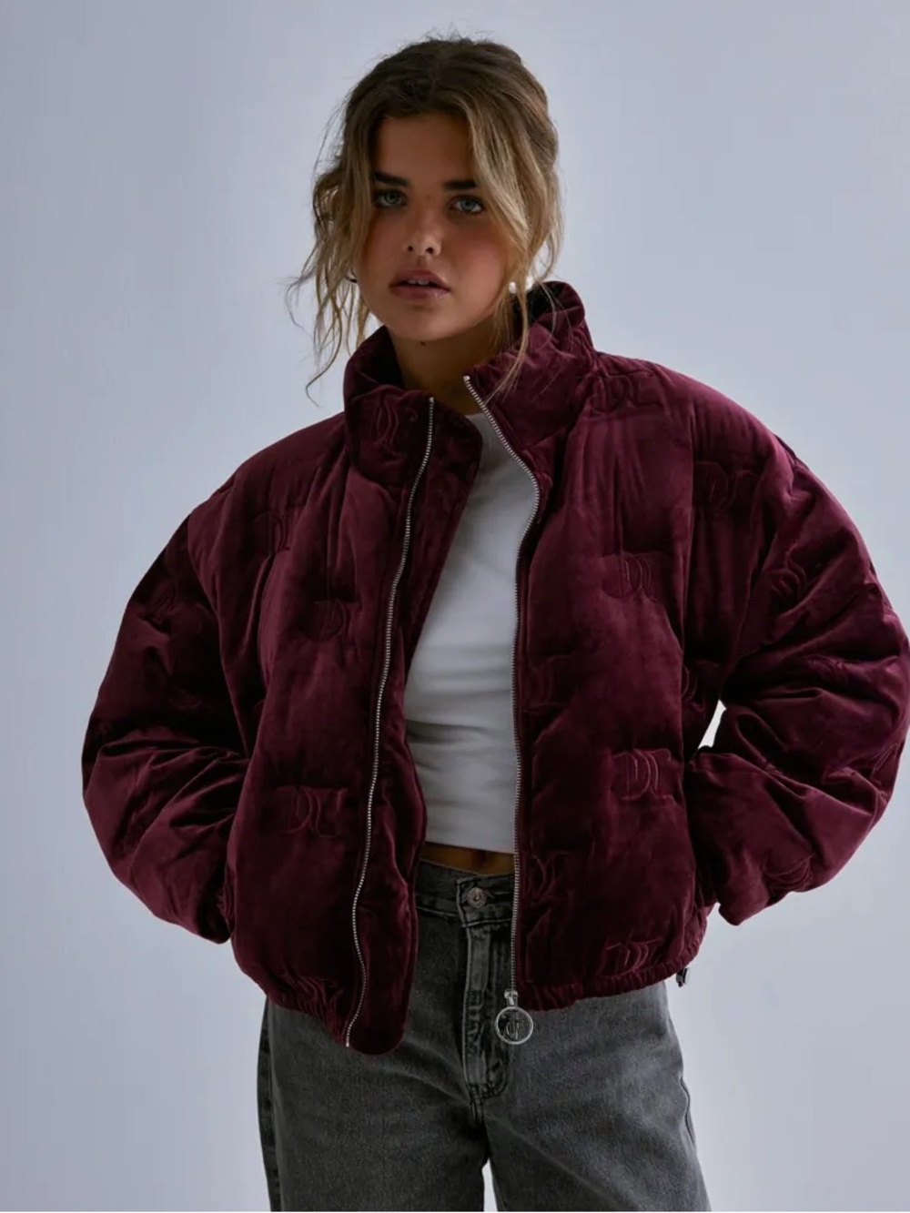Leola Couture Velvet Puff Zip-Up Jacket in Merlot Burgundy Size Large